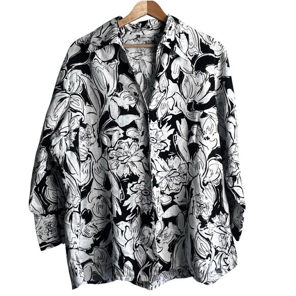 Harve Benard 1X Black White Floral Button Down Linen Cotton Top - Picture 1 of 6